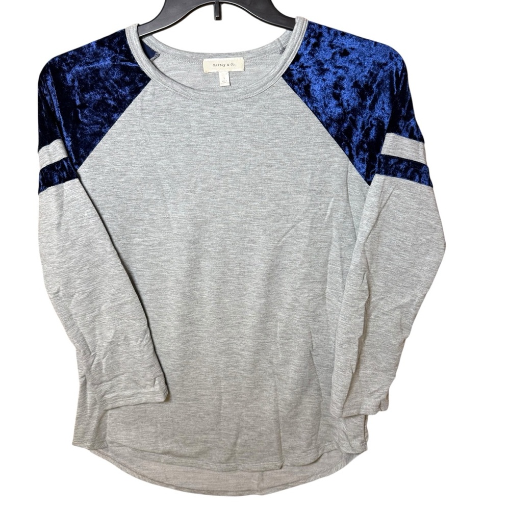 Hailey & Co. Gray w/ Navy Blue Velvet Raglan Long Sleeve Baseball Tee Super Soft - Picture 3 of 11
